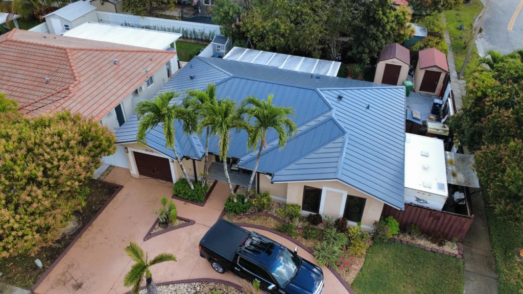 Gray standing seam metal roof aerial view