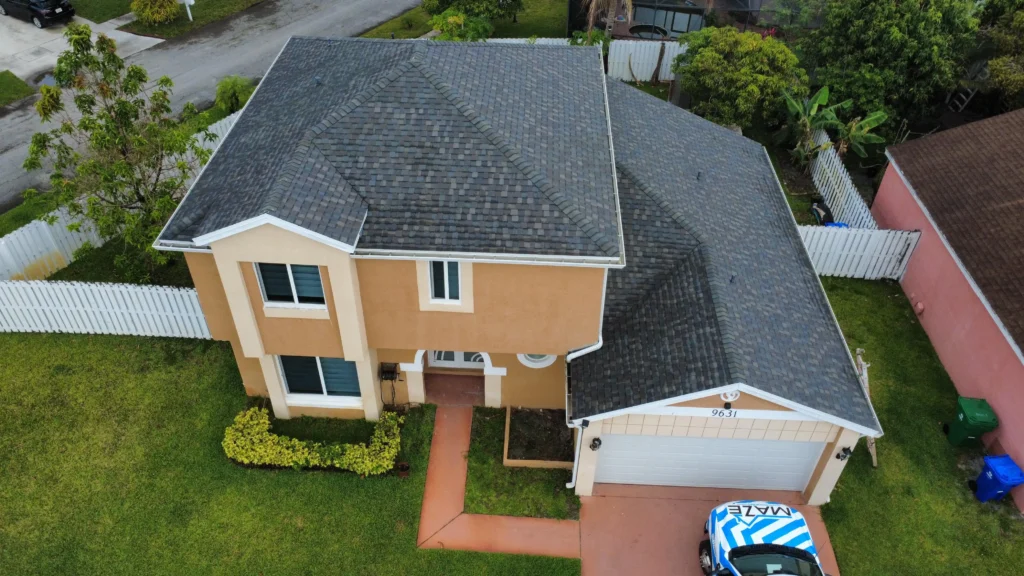 Gray roof replacement aerial view