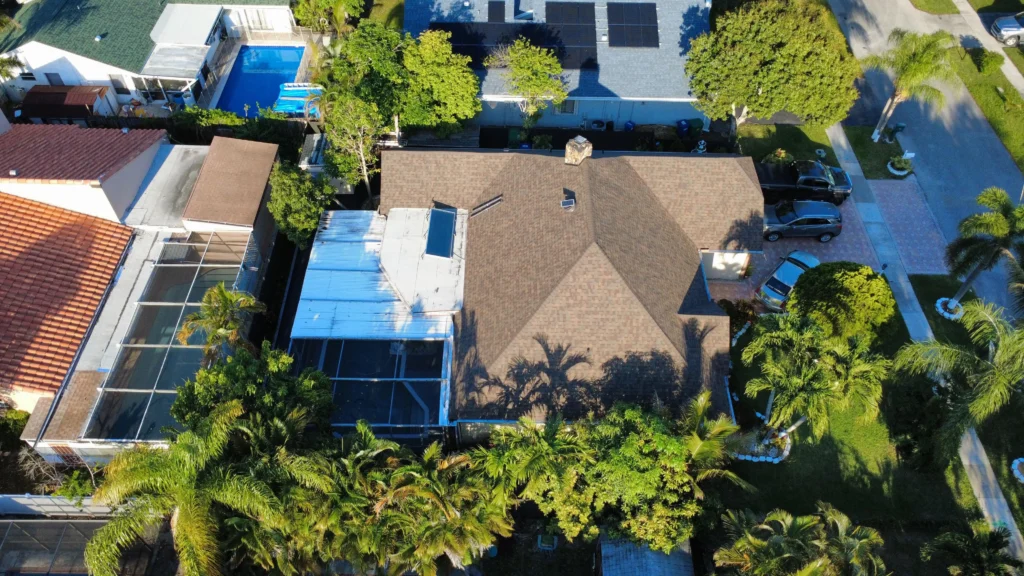 Brown shingle roof aerial photo