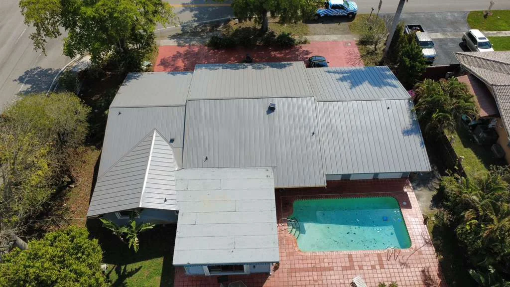 Gray standing seam roofing aerial photo