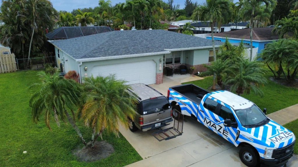Roofing crew truck home exterior