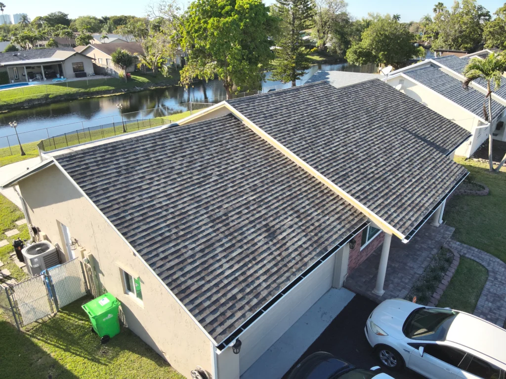 Gray roof installation aerial photo