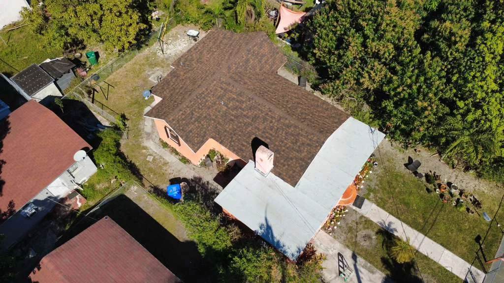 Brown roof replacement aerial photo