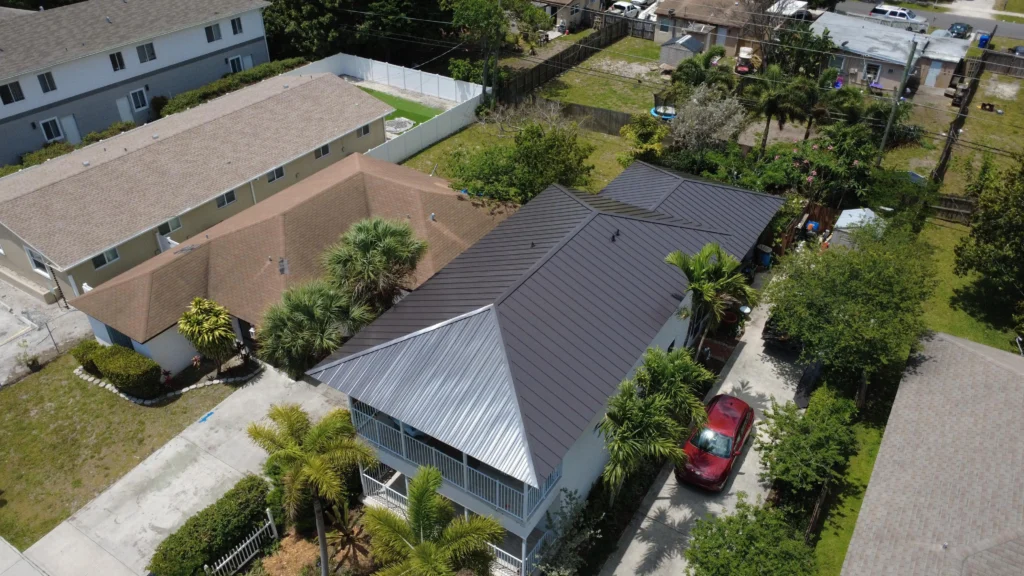 Residential metal roof with dark panels