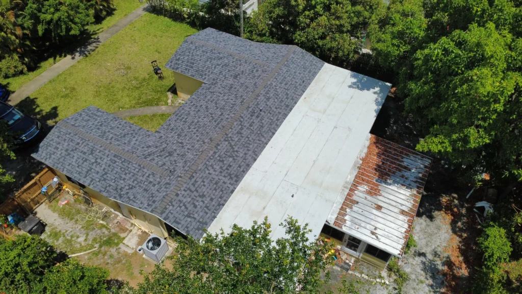 New gray roof installation aerial