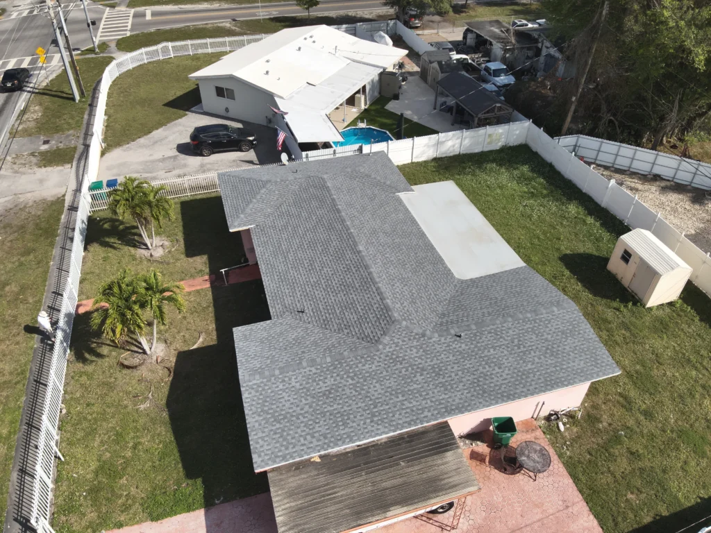 Aerial view of residential roof replacement