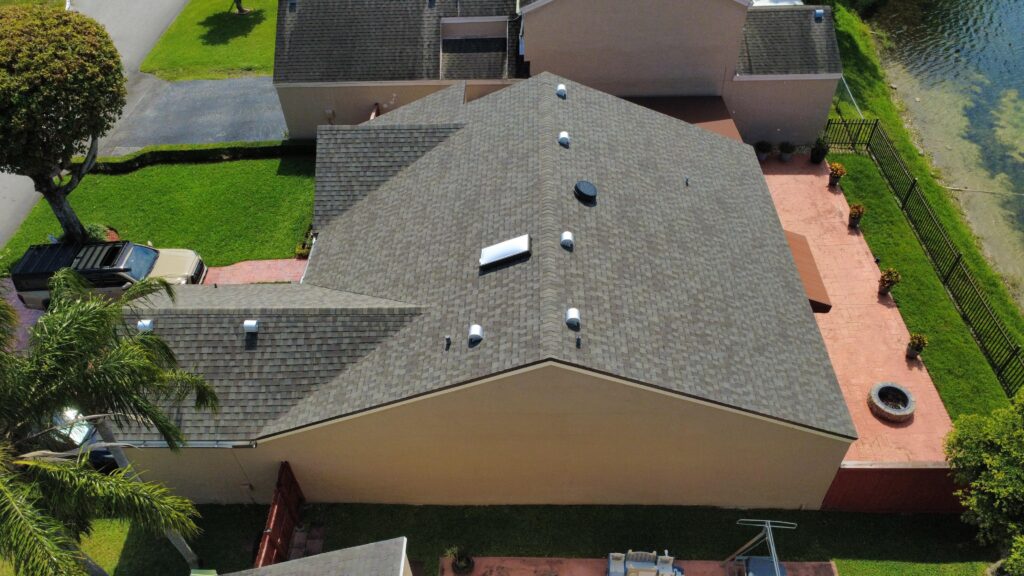 Aerial view of shingle roof installation