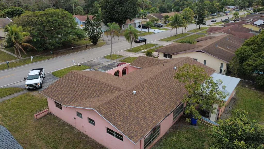 Residential shingle roof installation from above