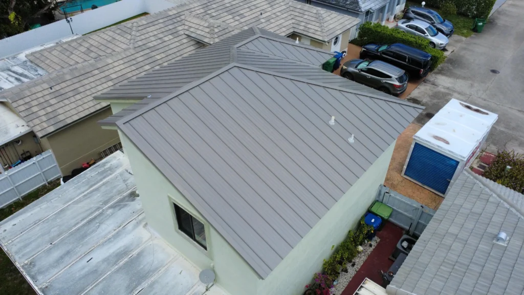 Residential standing seam metal roof from above