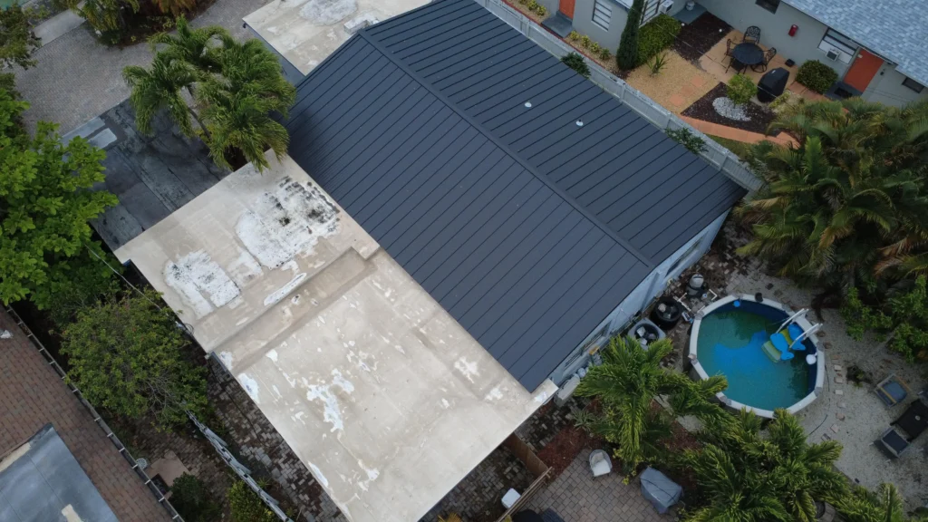 Aerial view of dark metal roof