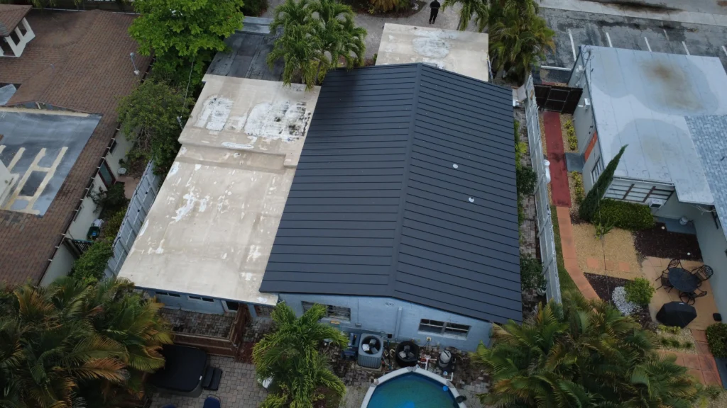 Drone view of dark metal roof