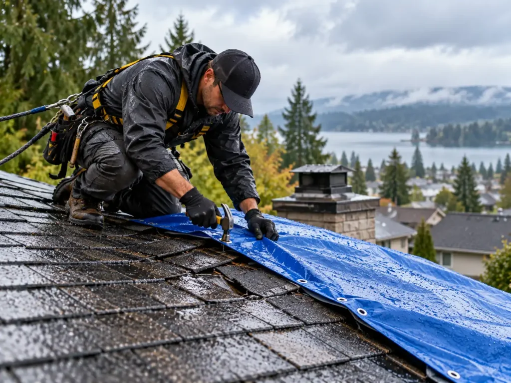 Technician in harness tarping a leaking roof Technician in harness tarping a leaking roof