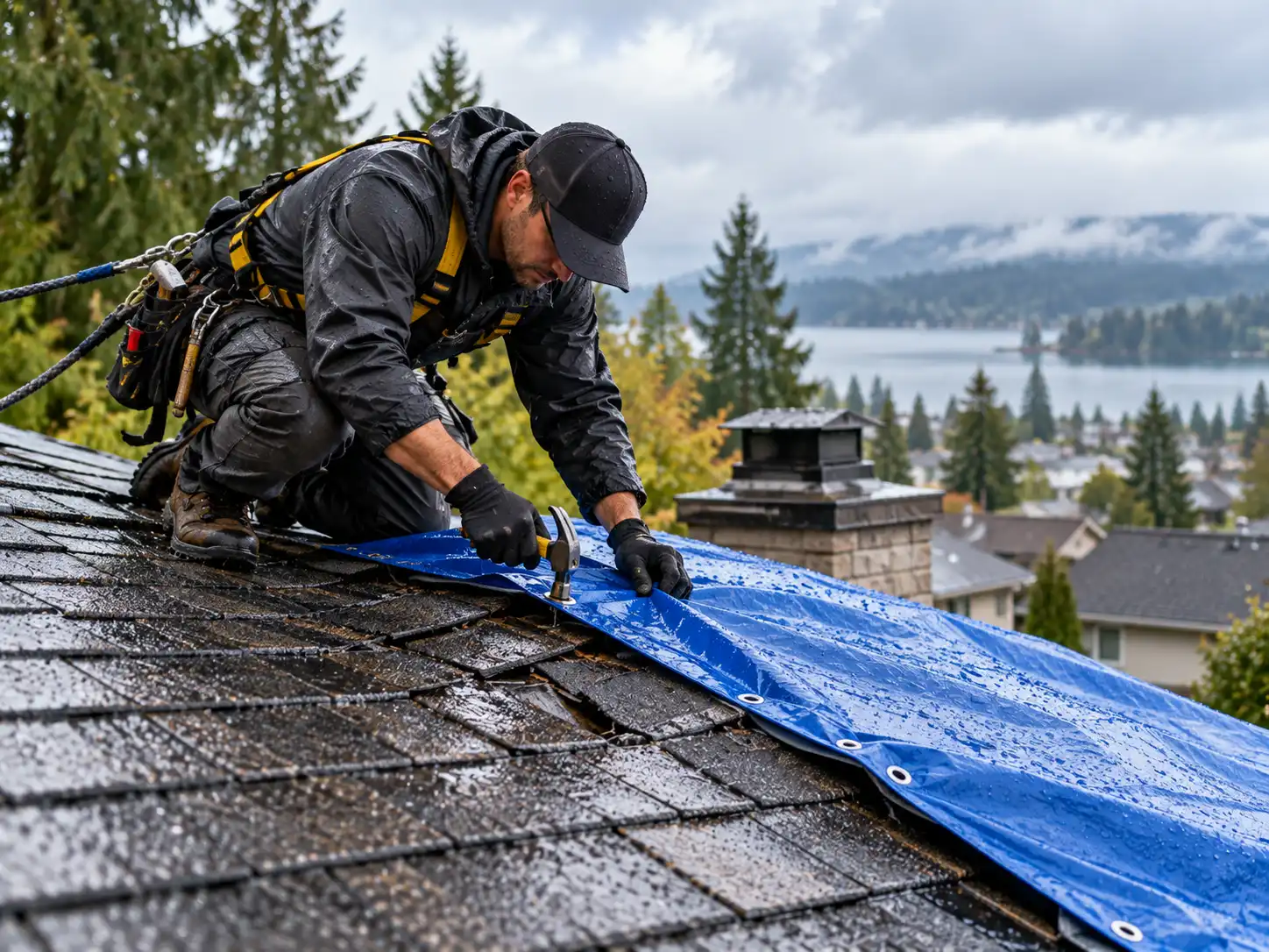 Maze Roofing technician covering leaking roof