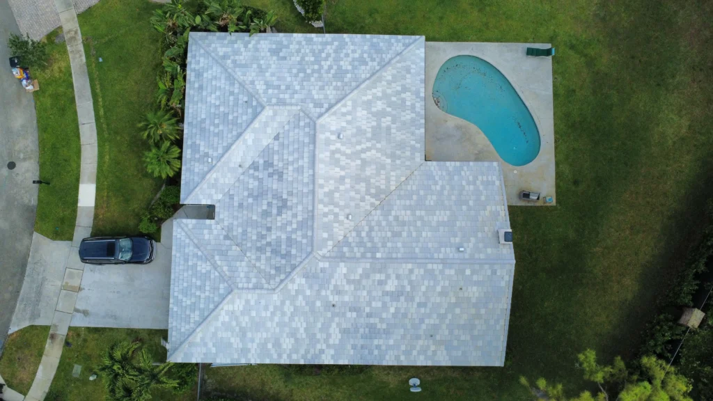 Aerial white roof installation