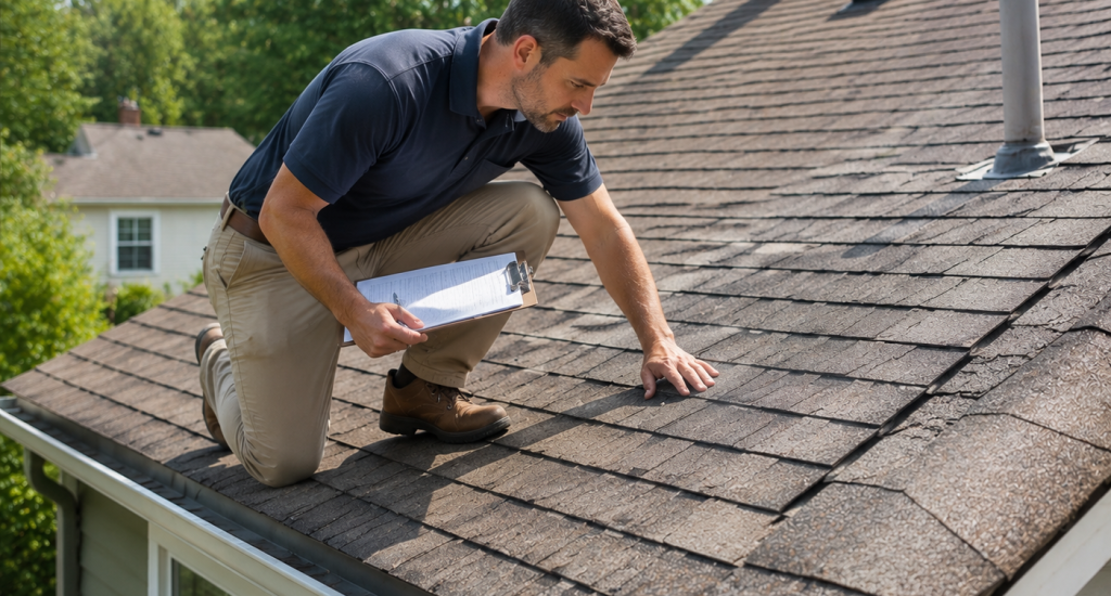 Roofer examining shingles on residential roof with clipboard