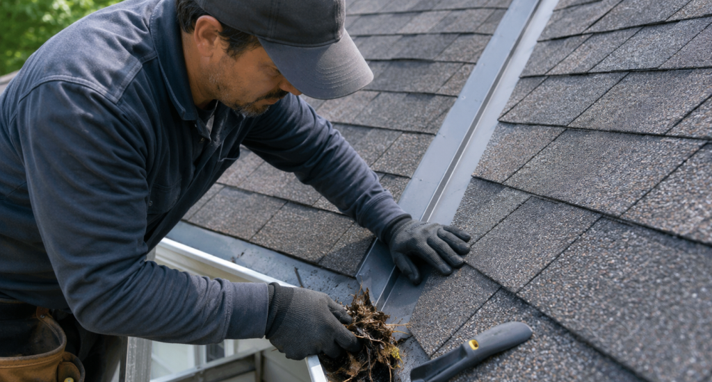 Roofer clearing debris from residential gutter