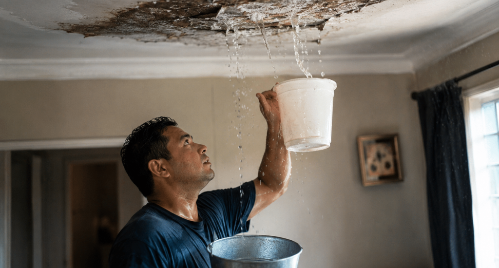 Water leaking through damaged ceiling