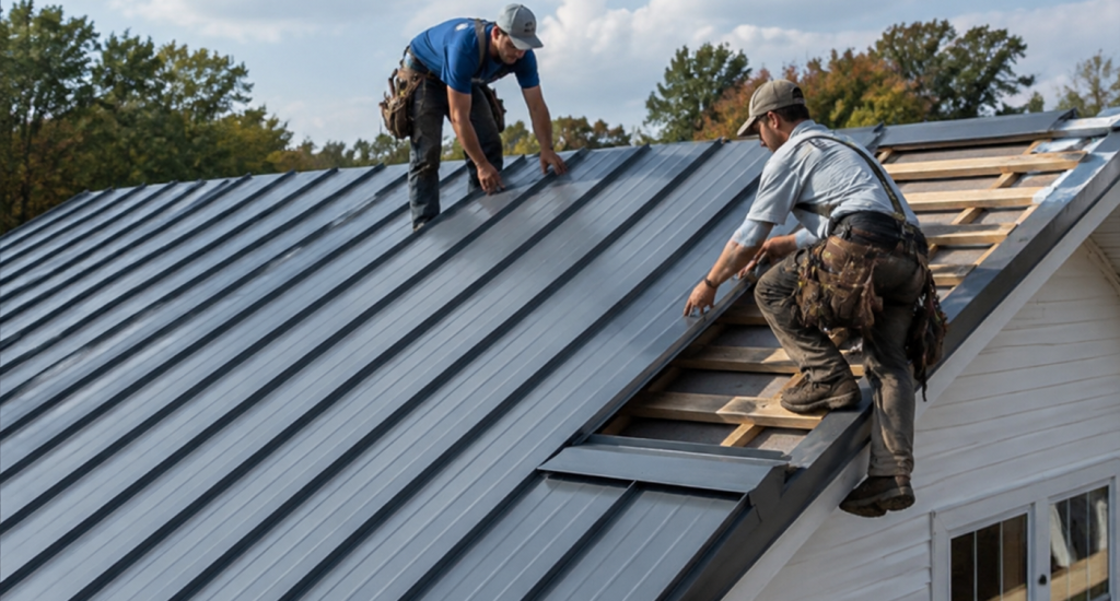 Close-up of roofer using drill to secure metal roof panel