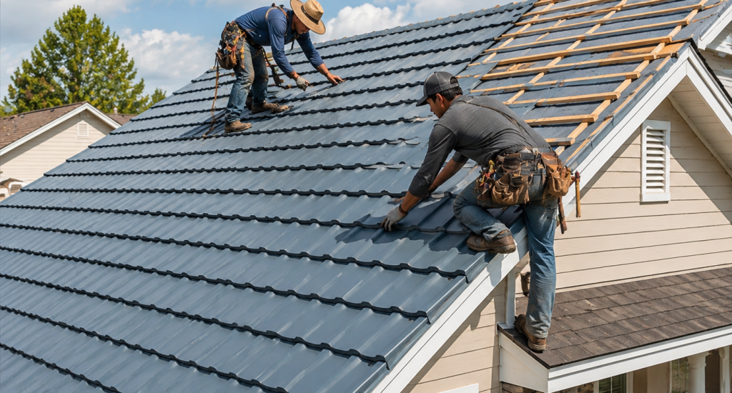 Two roofers installing metal panels on a steep residential roof