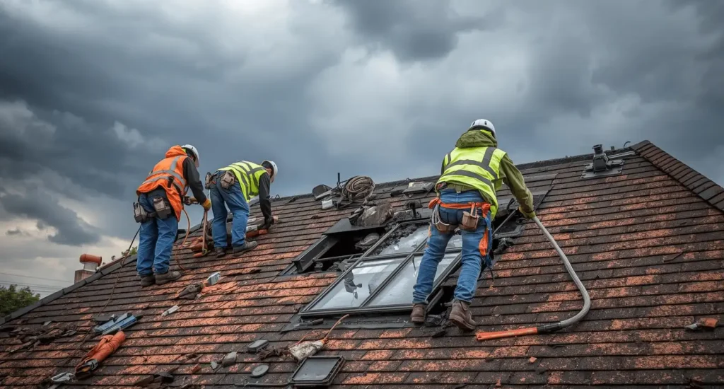Roof repair workers fixing shingles on roof