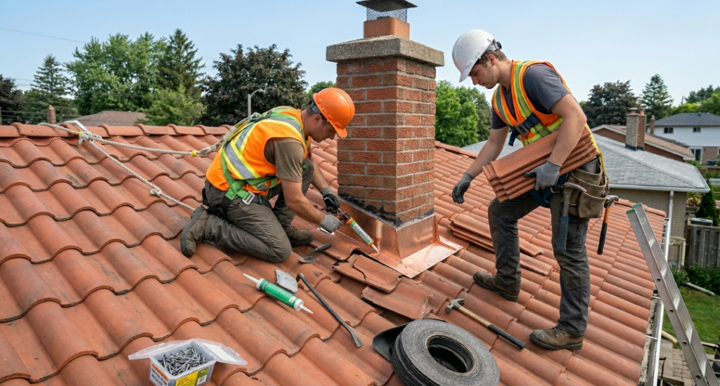 A wide-angle, high-perspective shot of two roofing professionals installing new copper flashing around a brick chimney on a terracotta-colored Spanish tile roof. One roofer kneels while applying sealant, and the other stands nearby carrying a stack of clay tiles.