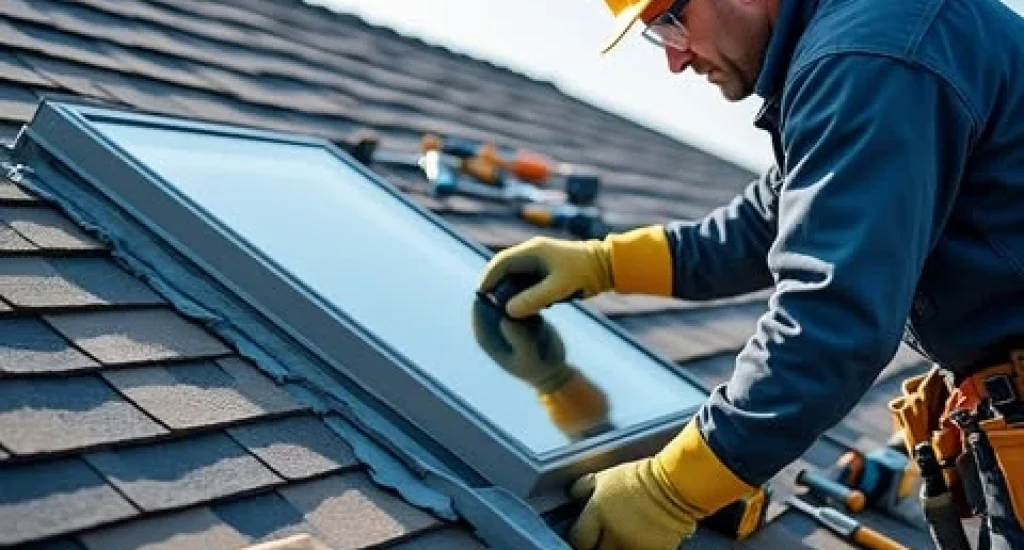 Professional roofer installing an energy-efficient skylight on an asphalt shingle roof.