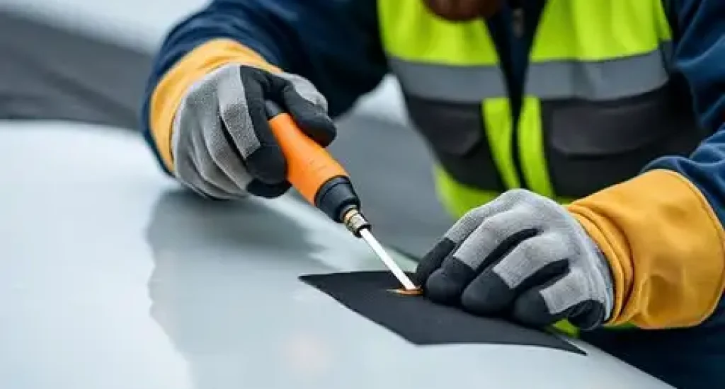 Roofing technician performing a precision TPO membrane patch repair on a flat roof.