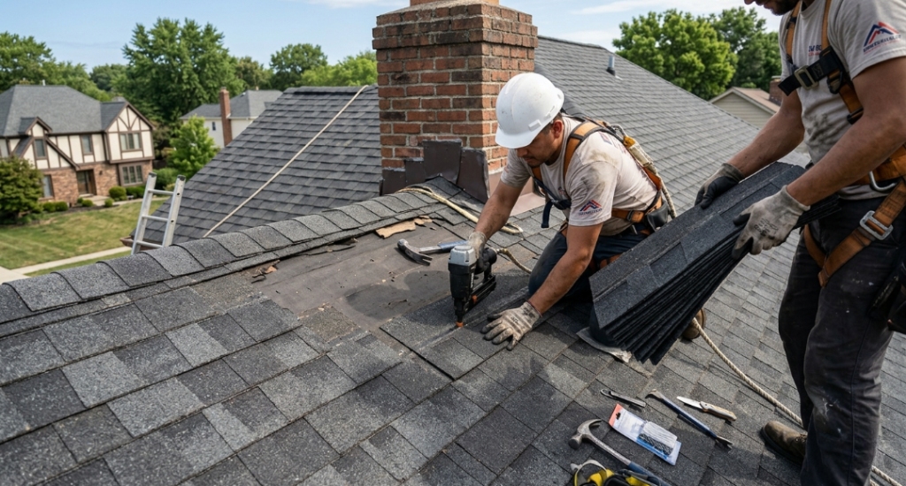 A detailed, wide-angle photograph from a high vantage point shows two male roofers, complete with white hard hats and safety harnesses, actively working on an asphalt shingle roof.