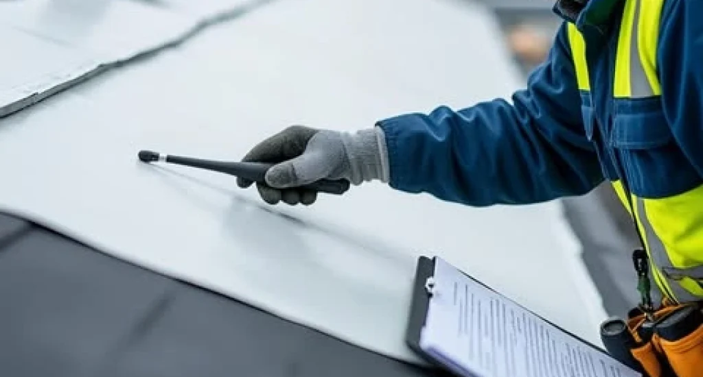 Roofing inspector examining a flat membrane roof with a moisture detection tool and inspection checklist.