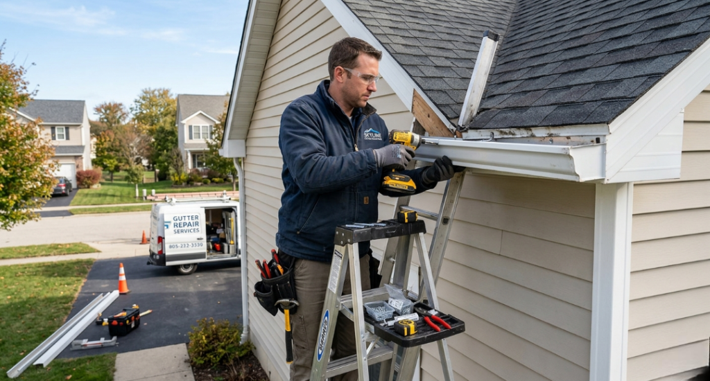 A technician on a ladder using a power drill to install a white seamless gutter on a residential house. A gutter repair van is parked in the driveway in the background.