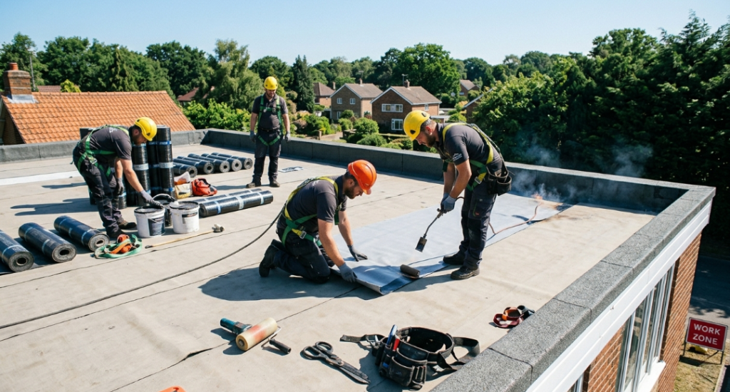 A high-angle, wide shot showing a team of four roofers installing a flat roofing system on a brick building. Two roofers in the foreground are using a propane torch to heat and roll out a grey bitumen membrane.