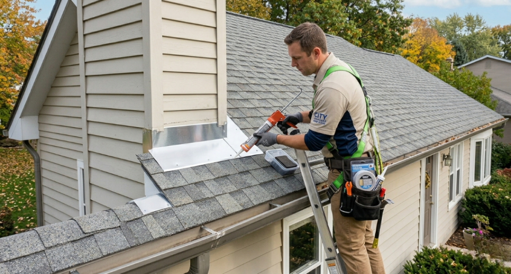 A roofing technician on a ladder applying sealant to metal flashing around a chimney base to prevent water leaks.