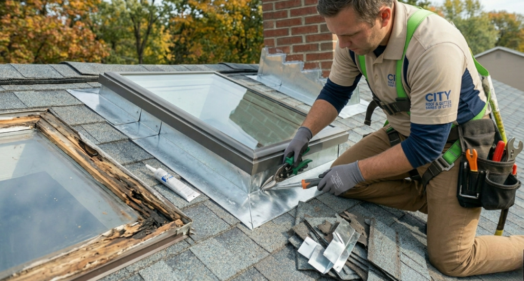 A technician kneeling on a shingled roof, using snips to install new metal flashing around a glass skylight window.