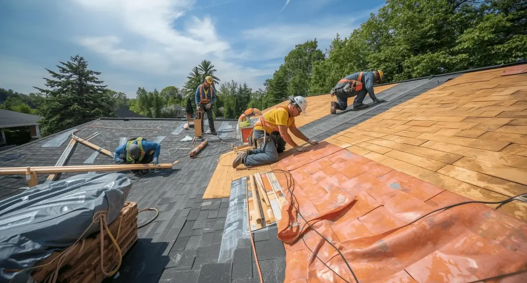 Roof replacement workers installing new shingles