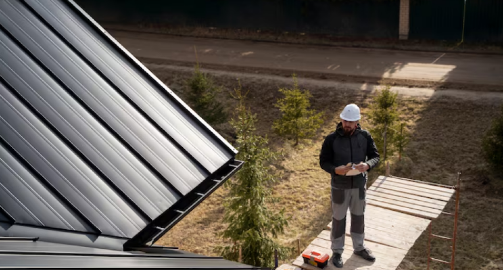 Man wearing a safety helmet inspecting metal roof panels outdoors