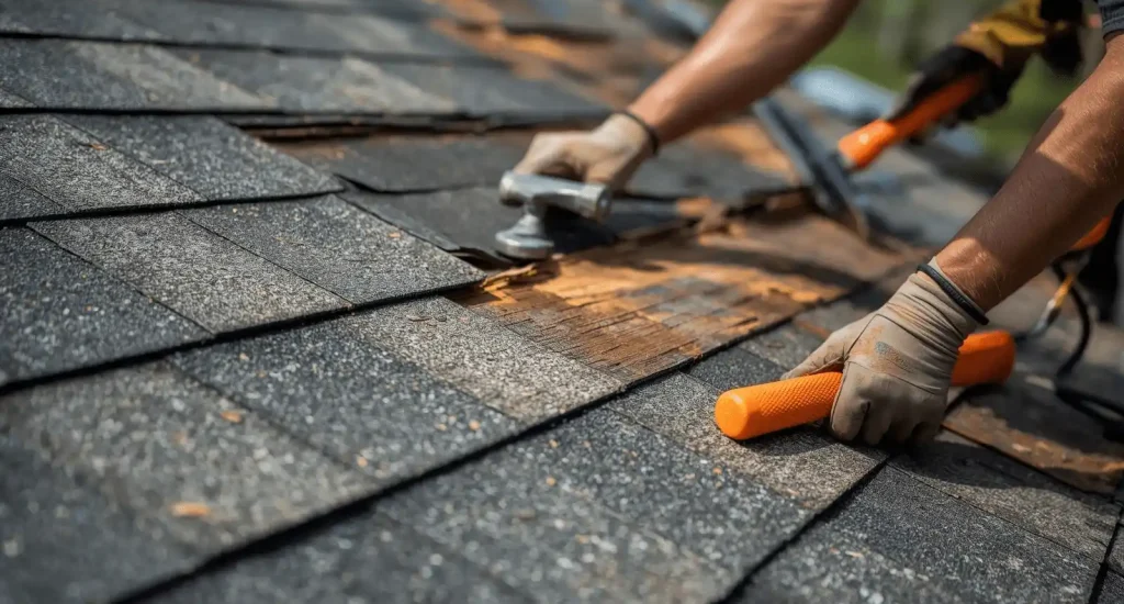 Worker removing damaged shingles during roof repair